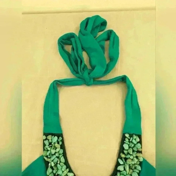 Studio Y Teal Women's Size Small Teal Halter Top With Beaded Neckline Tie Neck - Picture 3 of 13